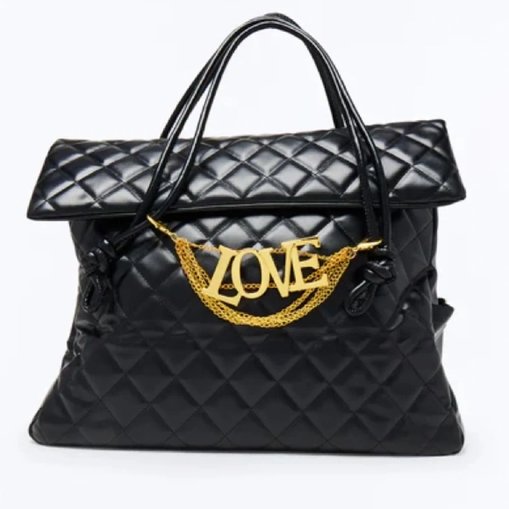 •In My Feelings• Quilted Luxe Black Tote Bag with Gold LOVE Chain Charm
